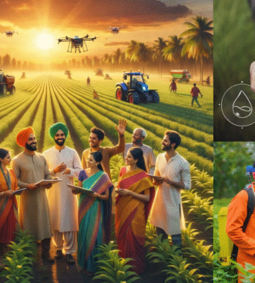 Image shows farmer and fields